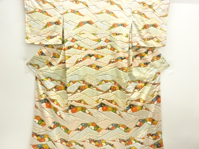 未使用品　抽象波に花模様付け下げ小紋着物